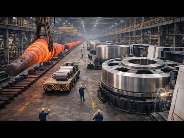 Glowing steel forging under press